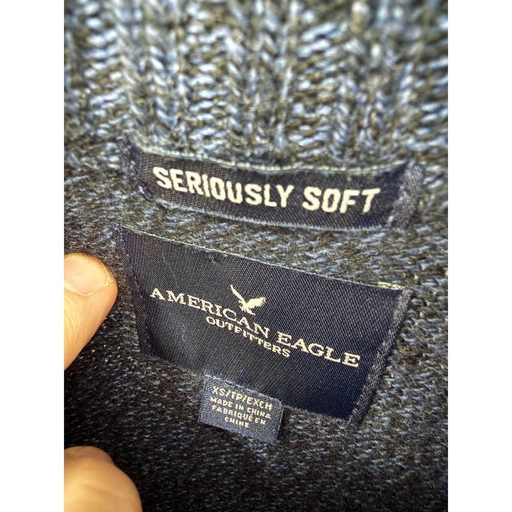 American Eagle Sweater Mens XS Blue Seriously Soft Henley Mock Neck Marled Knit